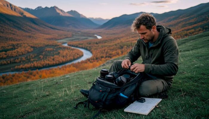 Photographer preparing gear outdoors on mountain ridge