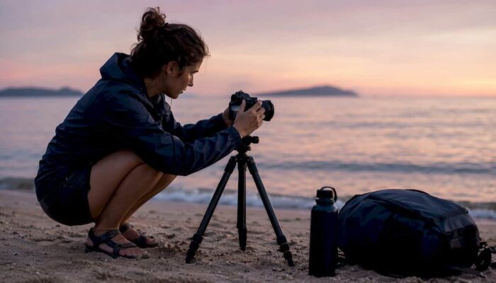 Photographer adjusting camera settings by lake at sunset