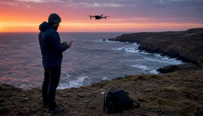 Drone pilot launching drone at golden hour outdoors