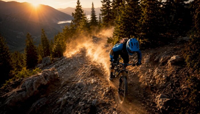 Mountain biker standing on pedals on rocky trail