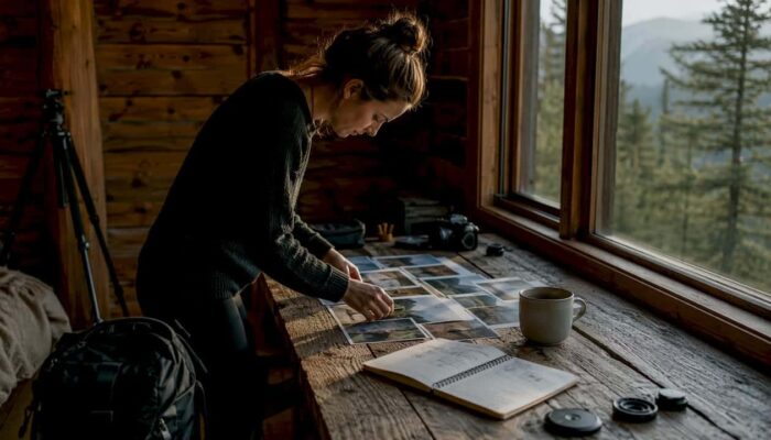 Photographer planning visual expedition at cabin table