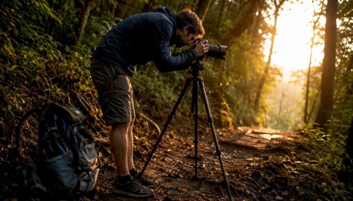 Photographer setting camera outdoors at sport event