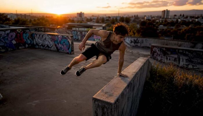 Low angle parkour athlete mid-jump outdoors