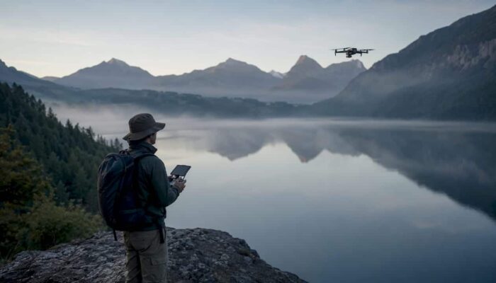Drone operator flying drone in mountain setting