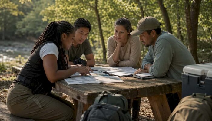 Film crew collaborating on outdoor tourism shoot