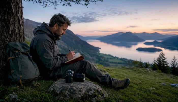 Photographer planning outdoor shoot with mountain view