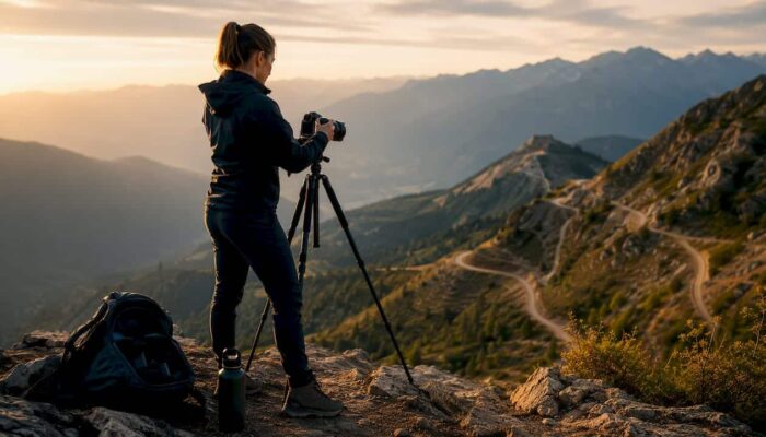Photographer preparing camera on mountain biking trail