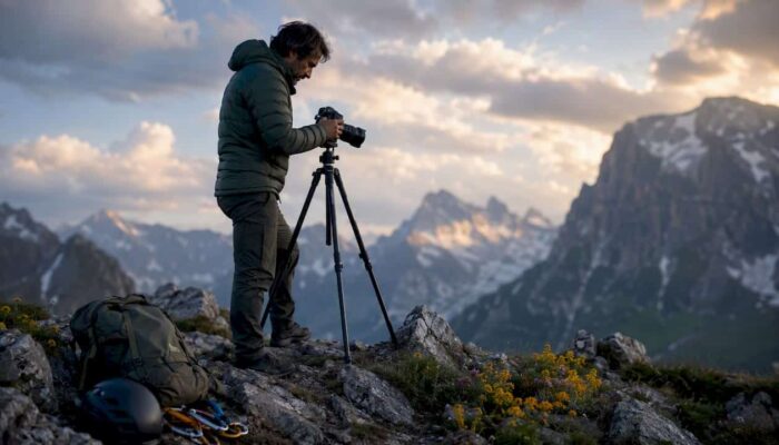 Outdoor action photographer adjusting camera gear