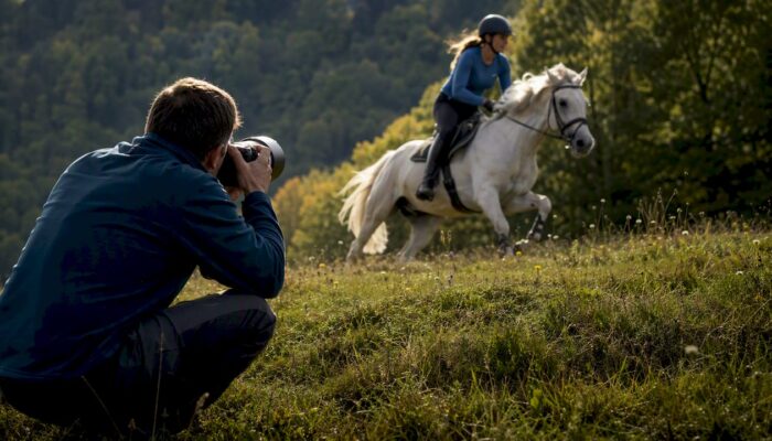 Photographer capturing horse and rider in motion