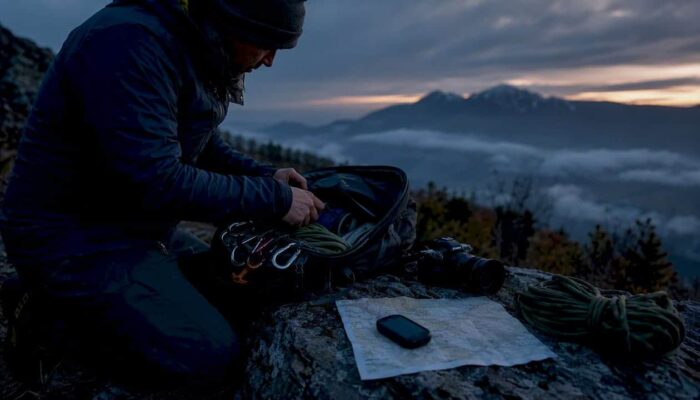 Photographer arranging safety gear on mountain trail