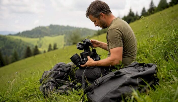 Photographer selecting outdoor camera gear