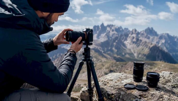 Photographer adjusting camera outdoors on mountain ridge