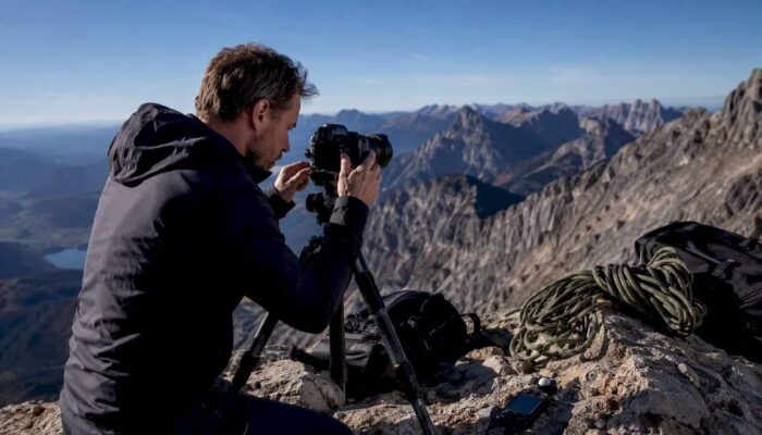 Photographer adjusting camera on tripod outdoors