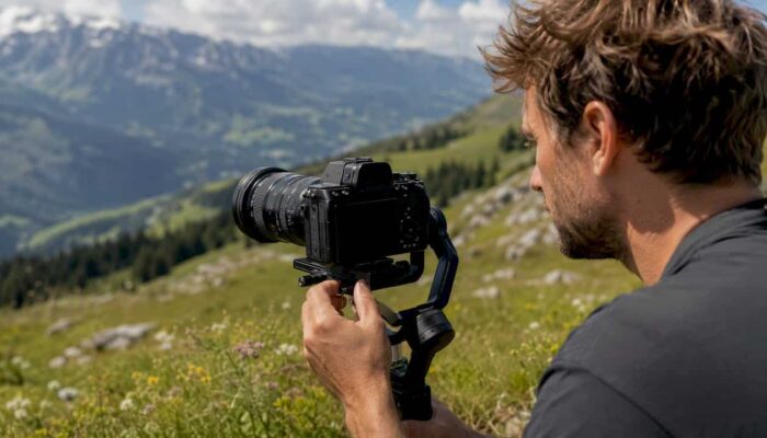 Videographer adjusting camera before social shoot