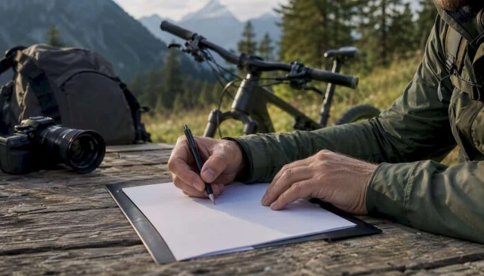 Hands signing contract outdoors near photography gear