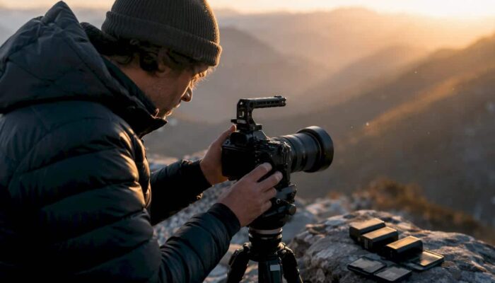Outdoor videographer adjusting camera gear